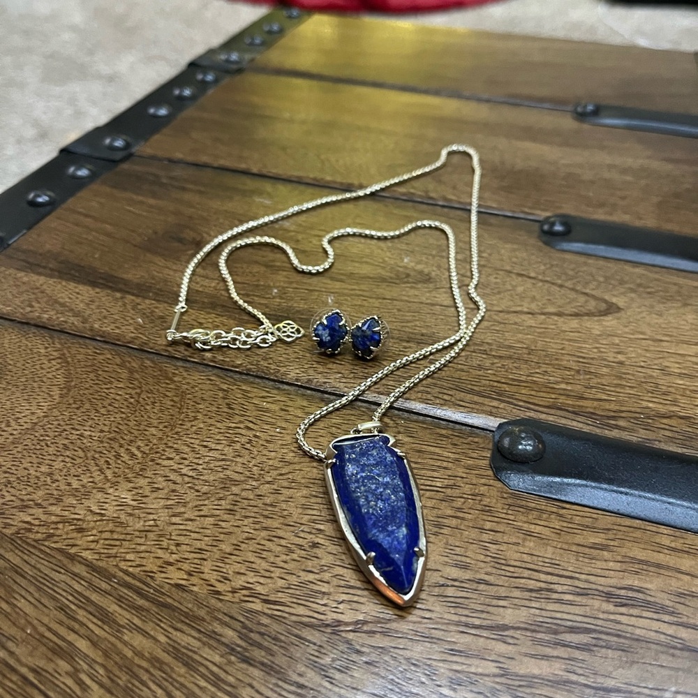 Kendra Scott Gold Necklace with Blue Pendant and Earrings